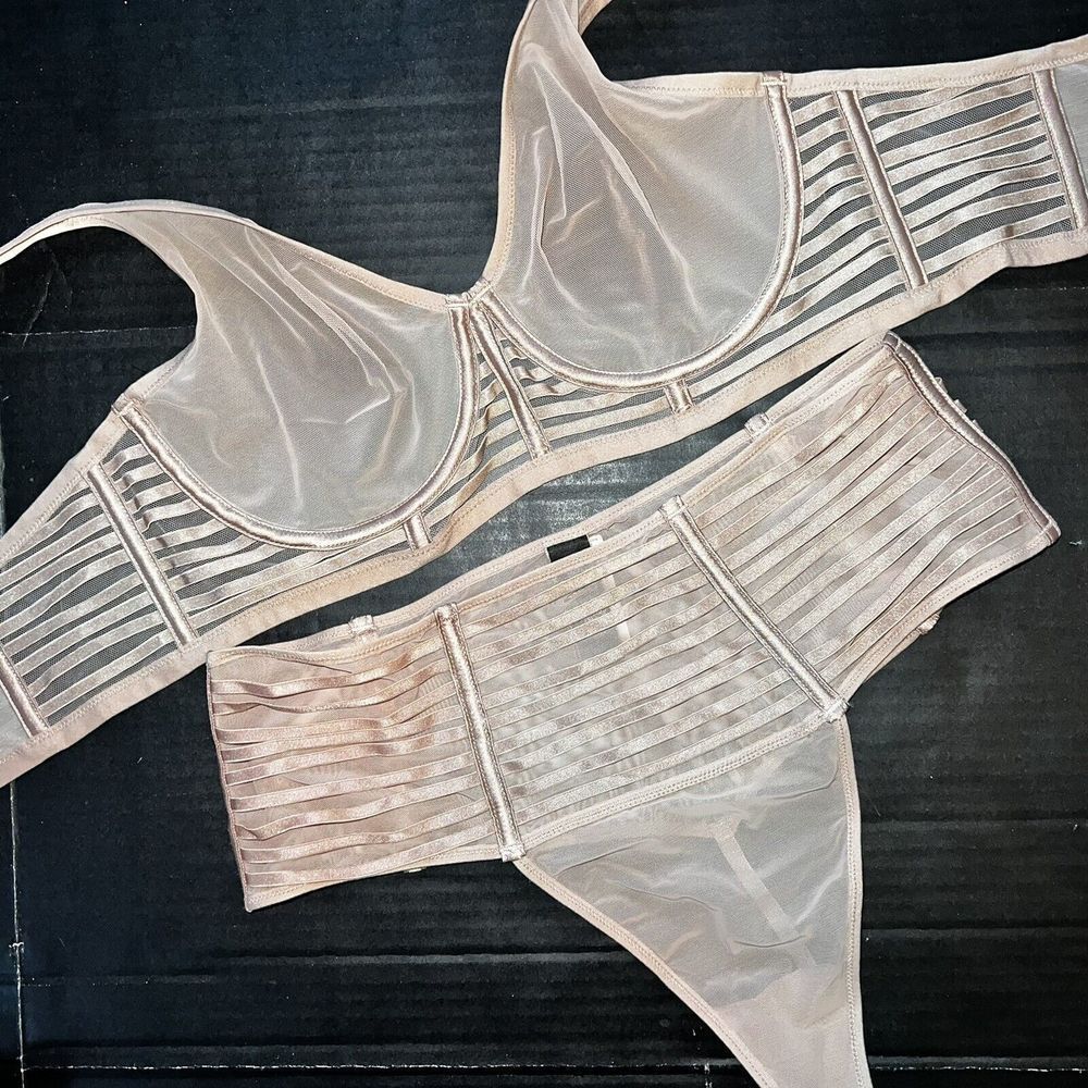 Victoria's Secret unlined 32D,34C,34D,34DD BRA SET S thong BEIGE strappy mesh